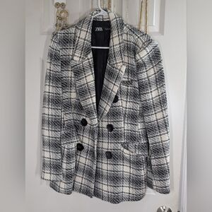 Zara Black and White Plaid Double-Breasted Blazer